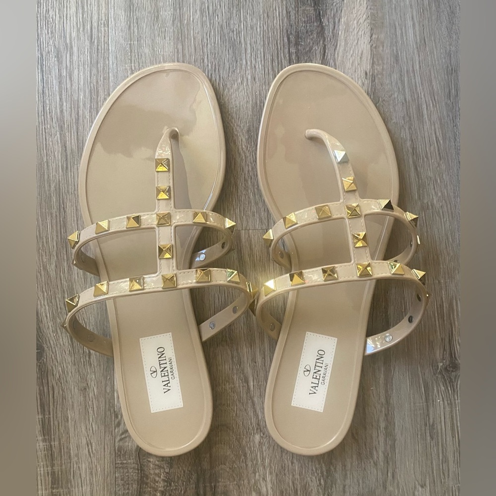 Valentino Beige Sandals with Gold Studs